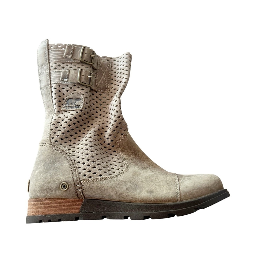 Sorel Major Pull On Womens Sz 7 Sage Mid Calf Riding Biker Leather Booties Boots